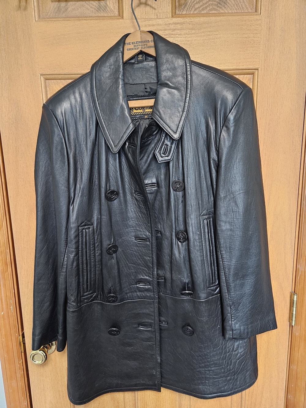 Vintage Classic Black Leather Double-Breasted Coat - Cognac Brand